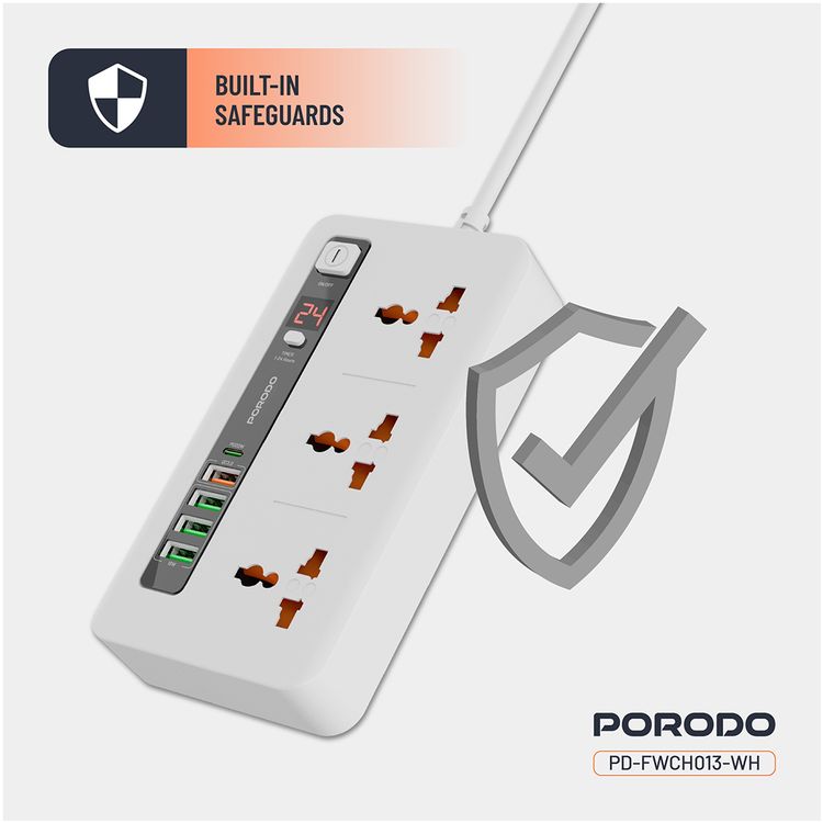 Porodo Multi-Port Power HUB Ultimate Home & Office Kit with 4 USB-A & 1 USB-C, 2m Cable Length, Built-in Safeguard, Over-Heat Protection, LED Display - White
