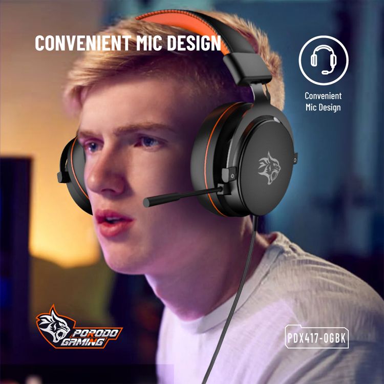 Porodo Gaming 7.1 Surround Gaming Headset with Soft Breathable Ear Pads, Noise Cancelling Microphone, 50mm Driver Size, Convenient Mic Design, 1.5m Cable Length, RGB Lights - Black