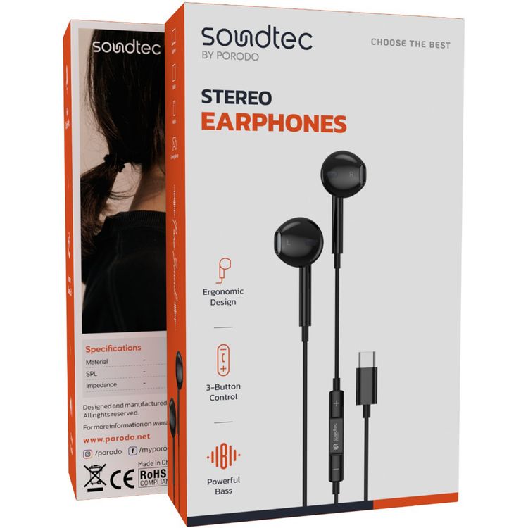 Porodo Soundtec Stereo Earphones with Type-C Connector, High-Clarify Microphone, ABS Material, 120 cm Tangle Free Cable - Black