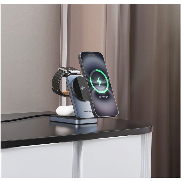 Powerology 3-in-1 Foldable Wireless Magnetic Charging Hub, Fast Charging, Multi-Device, Horizontal & Vertical View, Type-C Input Interface, Lightweight & Portable, Qi2 for iPhone 15 & 16, 15W Magsafe Power, 2.5W Watch Power, 5W Earbuds Power, 9V/3A & 12V3A Input, Foldable Design - Black