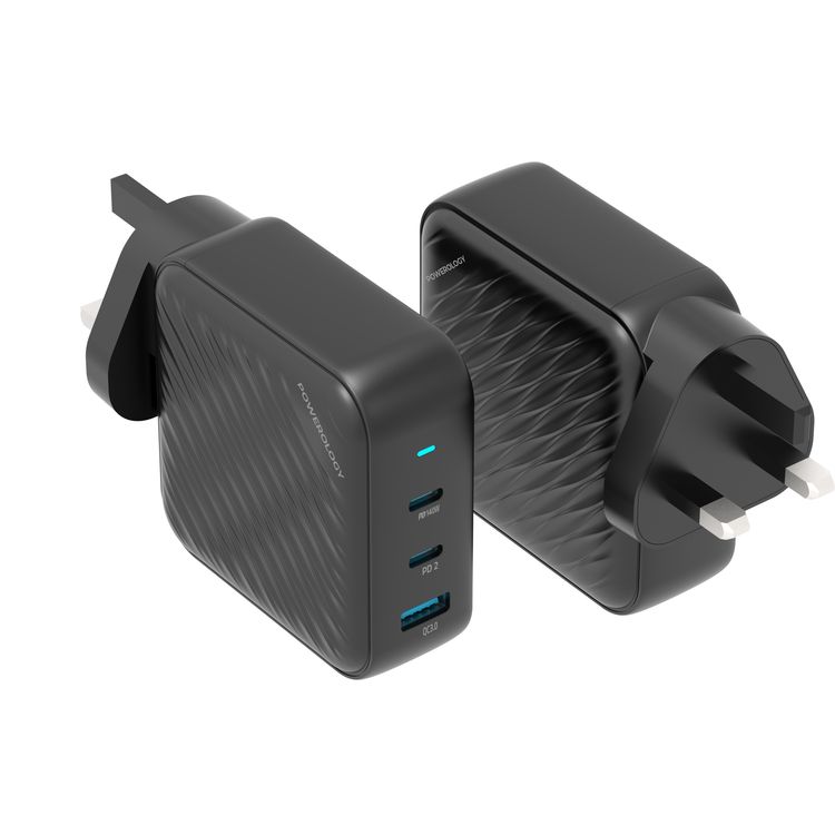 Powerology Black 140W PD QC 2xUSB-C and 1xUSB-A GaN Charger UK