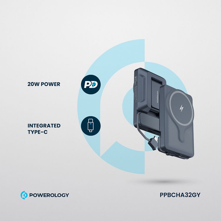 Powerology Car Mount 5000mAh Power Bank with Magnetic Wireless Charger, MagSafe Charging, PD 20W Fast Charge, Folding Air-Vent Clip, LED Indicator, Built-In Type-C Cable, Lightweight & Portable - Gray 