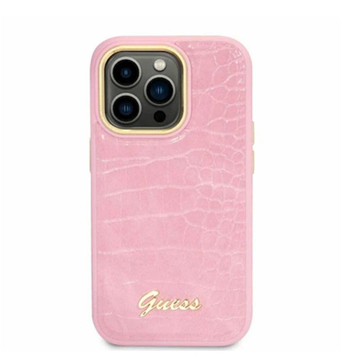 Guess PU Croco Hard Case with Script Logo for iPhone 16 Pro Max, Lightweight, High-Quality Material, Easy Snap-on - Pink