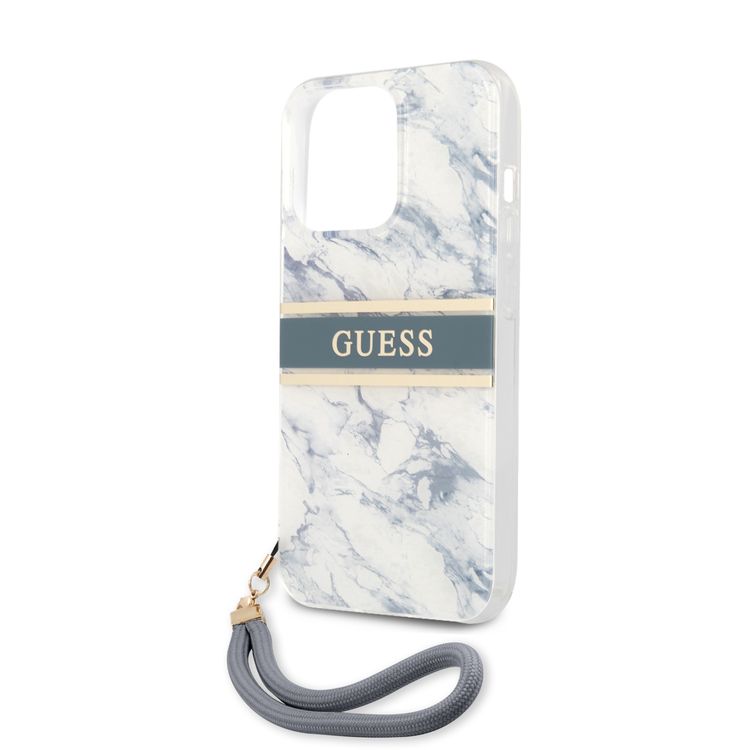 CG MOBILE Guess PC/TPU Case Marble Design & Stripe with Anti-Lost Nylon Strap Compatible for iPhone 13 Pro Max (6.7") Suitable with Wireless Chargers Officially Licensed Blue