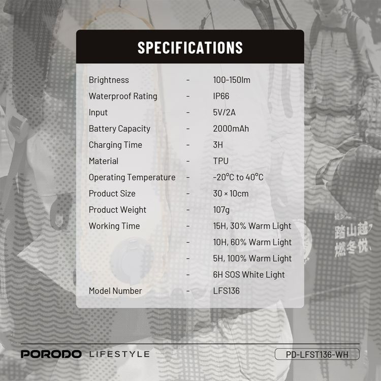 Porodo Inflatable Outdoor Magnetic Tube Light with Warm & White Light, Up to 15 Hours Working Time, Magnetic Attachment, Up to 150 Lumens Brightness, 2000mAh Battery Capacity, Type-C Charging Port, TPU Material - White