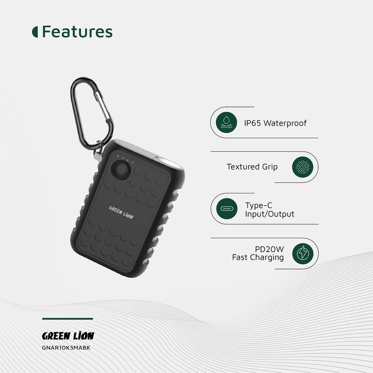 Green Lion Armor Power Bank with 10050mAh Capacity, PD 20W Max Type-C Output, 18W Max USB-A Output, 1W LED Power, 130 lm Brightness Flashlight - Black