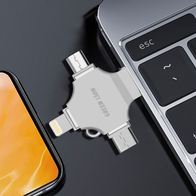 Green Lion 4-in-1 USB Flash Drive 128GB with High Speed Data Transfer, USB-A, USB-C, Micro USB & Lightning Connectors - Silver