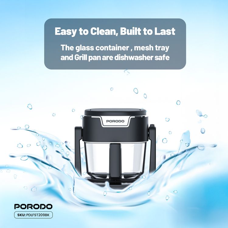 Porodo Lifestyle Quick Flip 3-in-1 Air Fryer, Grill & Hot Pot with 4.5L Capacity, 1200-1400W Rated Power, UK 3-Pin Plug, 360° Turbo Heat Technology, 100% Visible Glass Basket - Black