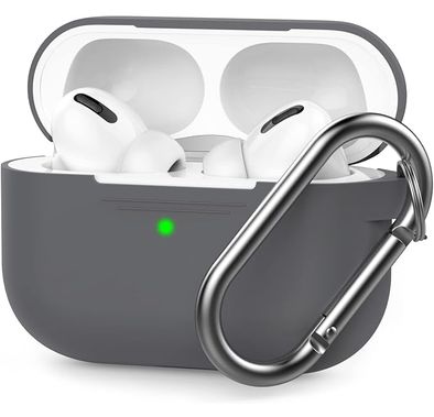 حافظة سيليكون فاخرة بتصميم ثلاثي الأبعاد من Ahastyle مع حلقة تثبيت متوافقة مع AirPods Pro - تصميم كلاسيكي مريح - غطاء مقاوم للغبار والصدمات يدعم الشحن اللاسلكي - رمادي غامق