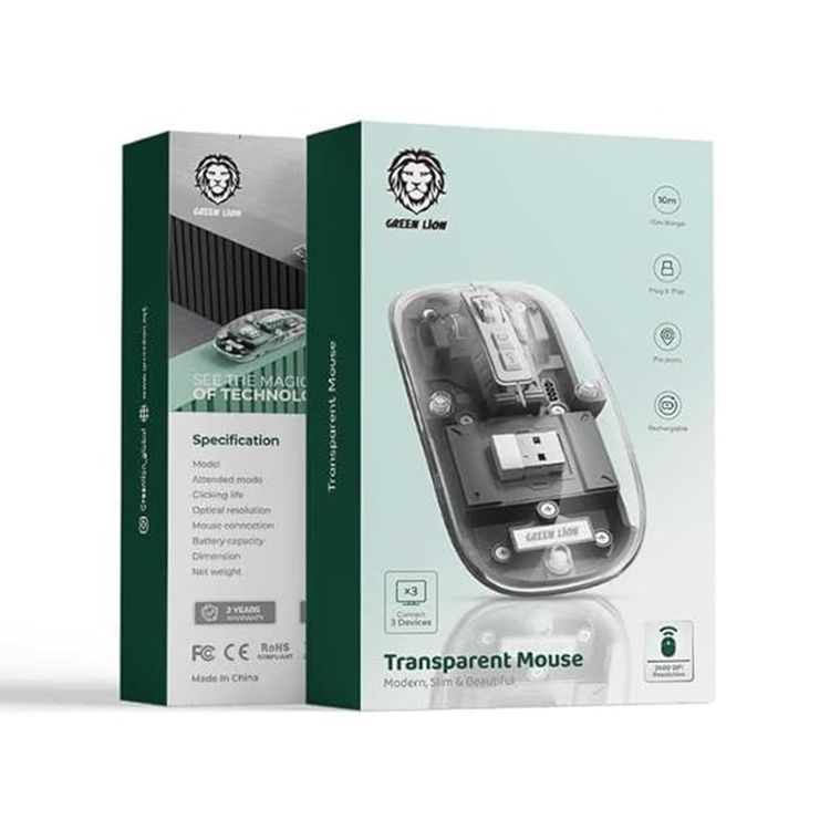 ماوس شفاف من Green Lion بدقة بصرية قابلة للتعديل، يصل إلى 3 ملايين نقرة، بطارية بقوة 400mAh، يتصل بما يصل إلى 3 أجهزة، تقنية التوصيل والتشغيل، يصل مدى الاتصال اللاسلكي إلى 10 أمتار - رمادي