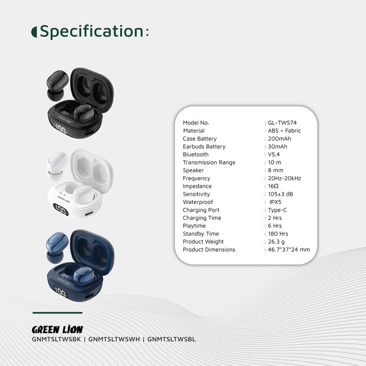 Green Lion Mittersill True Wireless Earbuds with ENC, Up to 6 Hours Playtime, IPX5 Waterproof Resistance Level, Bluetooth Version 5.4, Up to 10m Transmission Range, Type-C Charging Port, Dual-Microphone, Strap Included - Black