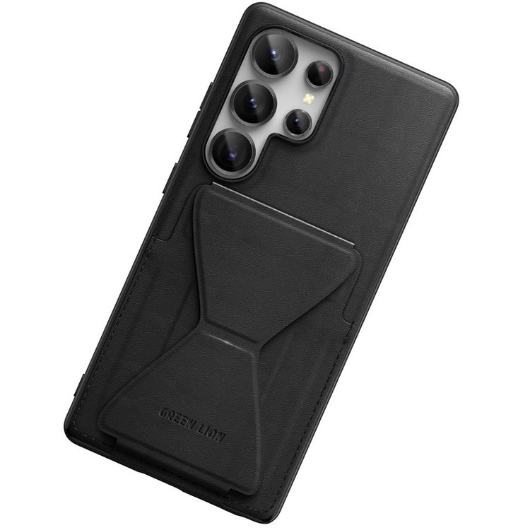 Green Lion Classio Stand Leather Case for Samsung S25 Ultra with Card Holder, Anti-Scratch, Foldable Stand, Comfortable Grip, Drop & Camera Protection - Black