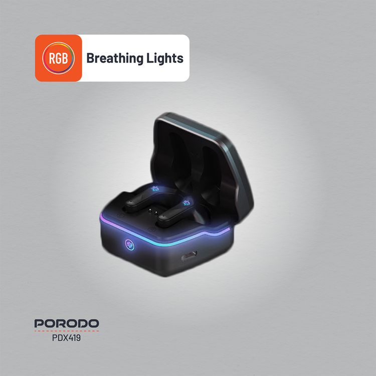 Porodo Gaming Ultra Low-Latency Gaming Earbuds, 400mAh Battery Capacity, 6h Playtime, Bluetooth 5.4, Less than 60ms Response Time, Dual Mic ENC Support, Type-C Charging Interface - Black