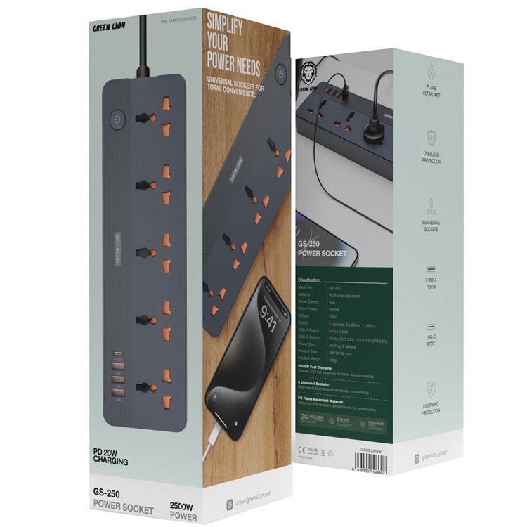 Green Lion GS-250 Power Socket 2500W, Fast Charging, Lightning & Overload Protection, UK Plug 2M Power Cord, Flame Retardant, Simultaneously Charging, 4 USB ports, 5 AC plugs, 250V Voltage - Black