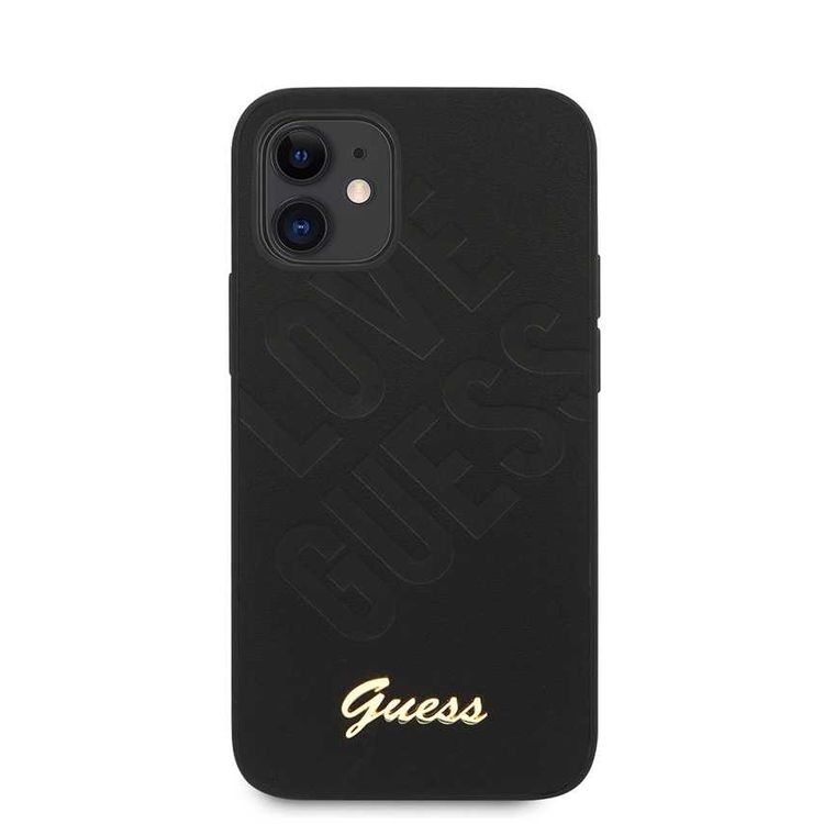 CG MOBILE Guess PU Iridescent "LOVE" Debossed Phone Case with Metal Logo Compatible for iPhone 12 Mini (5.4") Drop Protection Mobile Case Officially Licensed - Black