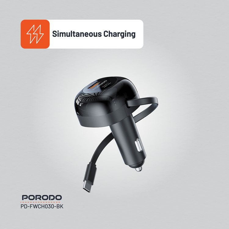 Porodo Dual Port Car Charger with 80cm Retractable Type-C Cable, Simultaneous Charging, Universal Compatibility, 47W Total Output Power - Black