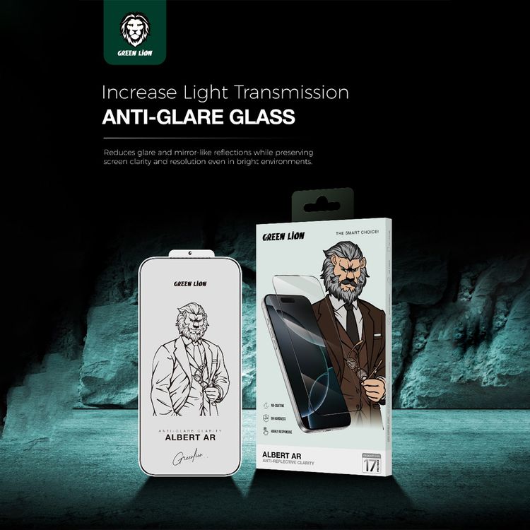 واقي شاشة جرين ليون ألبرت AR لجهاز آيفون 17 برو ماكس، شفاف تمامًا، متانة ماسية 9H، تناسب محيط سلس، مضاد للغبار، مضاد لبصمات الأصابع، حساس للمس، شديد التحمل - شفاف