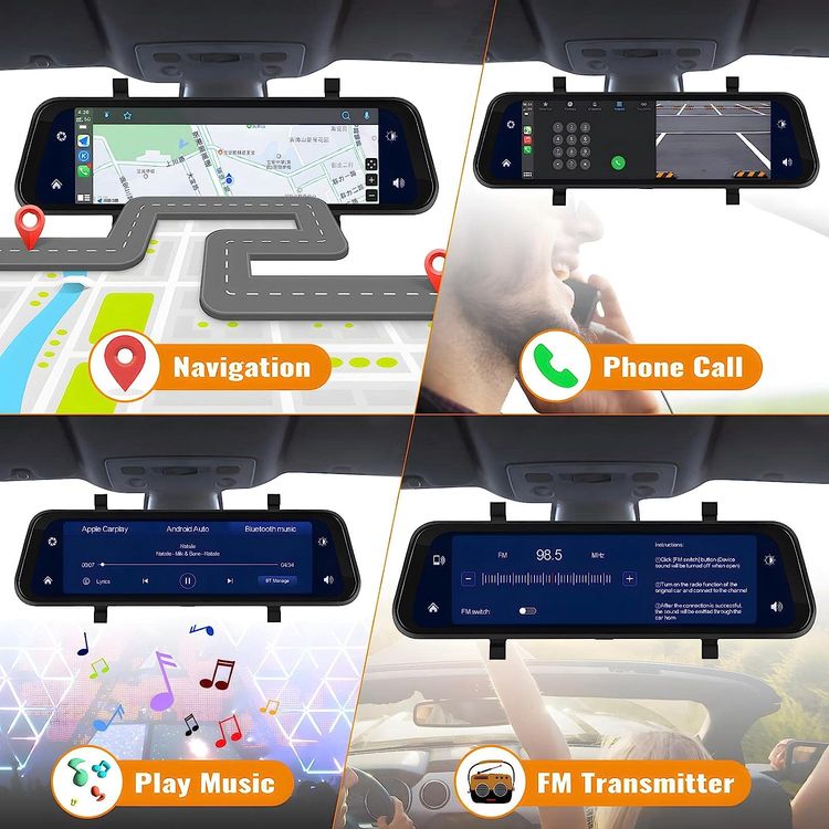 كاميرا احتياطية ثلاثية الاتجاهات CLAYTON 1136 HD Mirror Dash مسجل، Carplay/Android Auto، تصوير خلفي