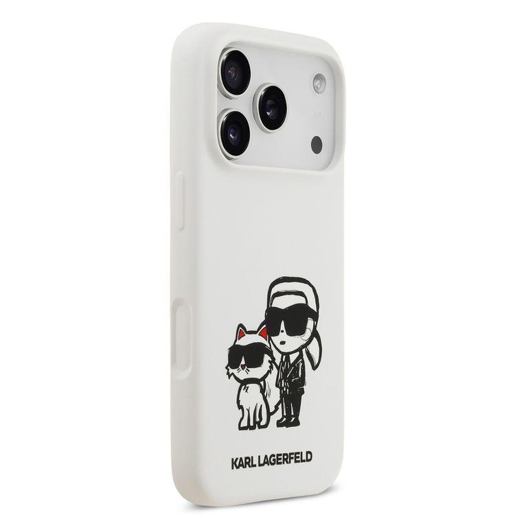 Karl Lagerfeld Liquid Silicone Case with Karl & Choupette Sketch for iPhone 17 Pro Max, Drop Protection, Slim Profile, Easy Snap-On, Sustainable Packaging, Comfortable Grip, Lightweight Design - White