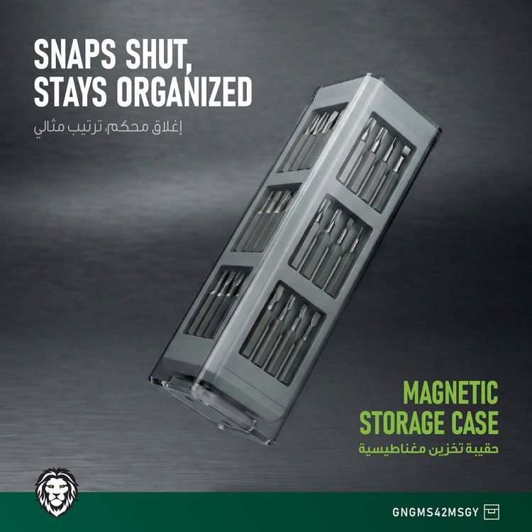 Green Lion GMS-42 Manual Screwdriver with 42 Pieces Precision CR-V Bit Set, Aluminum Alloy Handle, Push-Release Storage Case, Quick-Swap Bit Change, Magnetic Storage Case, 4mm Hex Shank, 28mm Precision Bits, 360° Swivel Rotation Cap - Gray