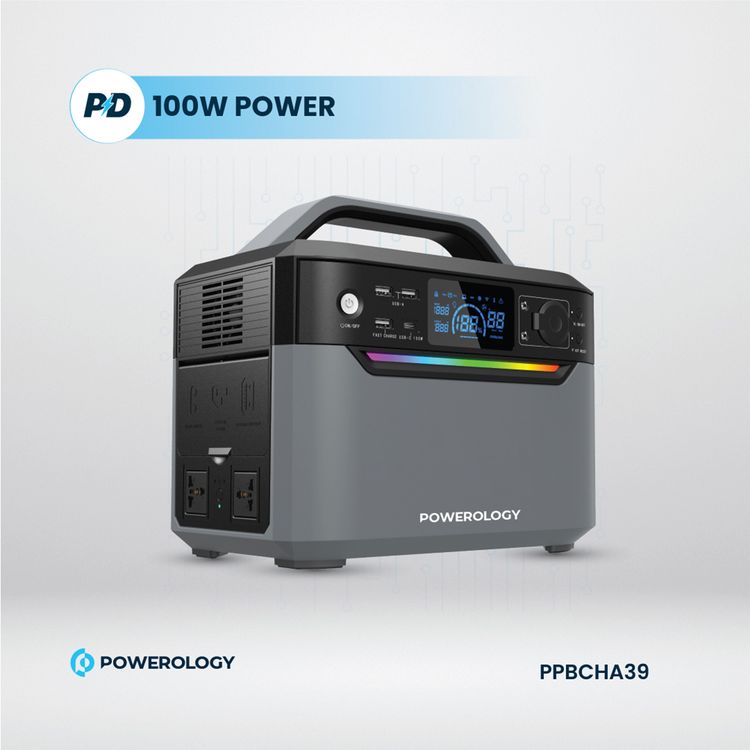 Powerology 600W Power Generator with Dual AC Sockets, USB-C, Dual USB-A & Wireless Outputs, Built-in Flashlight, 120000mAh Battery Capacity, Solar Charging Capability, Portable Design - Black