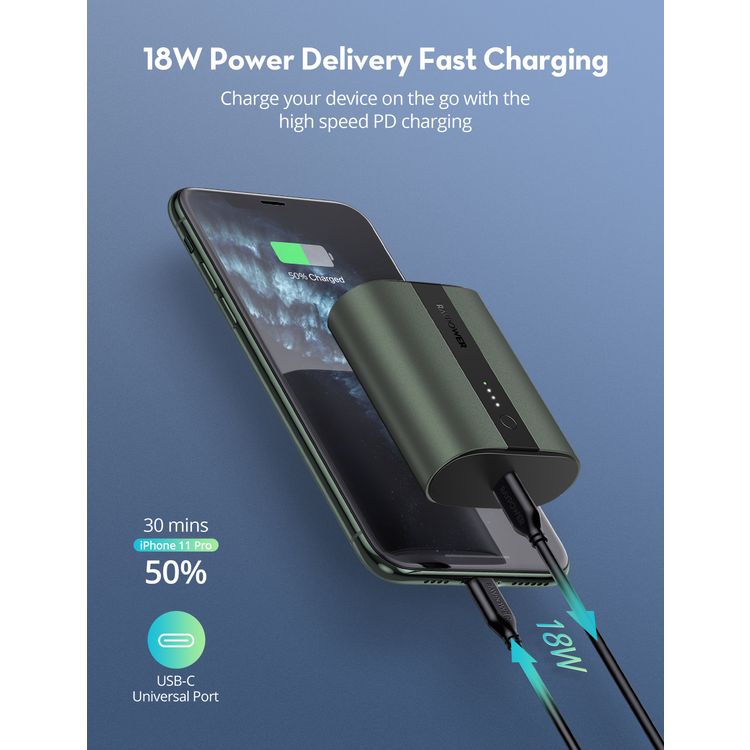 RAVPower 2-Port PD Pioneer Mini Power Bank 10000mAh 18W Fast Charging, Pocket Size Portable Charger Design, USB-C Universal Port, Anti-Scratch Metal Casing