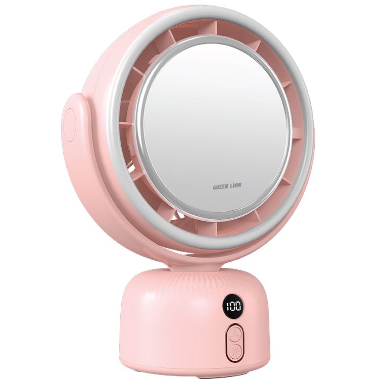 مرآة مكياج بجهاز تهوية من جرين لايون، بخمس مستويات لسرعة المروحة و3 أوضاع ضوء، تصل إلى 11 ساعة من العمل، منفذ شحن USB-C، دوران قابل للتعديل، شاشة رقمية، قاعدة مقاومة للانزلاق، 51 ضوء LED، بطارية 5400 مللي أمبير - وردي