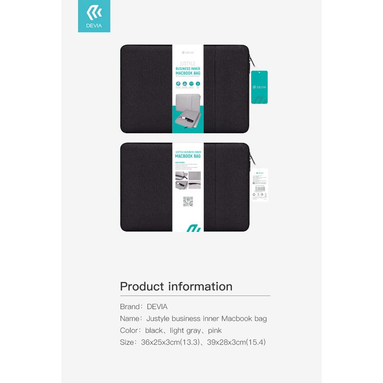 Devia Justyle Business Inner Laptop Bag 15.4" with Pocket Compatible for MacBook Pro 15.4" & 16" - Bump & Shock Absorption -  Slim Portable Waterproof Sleeve Bag - Black