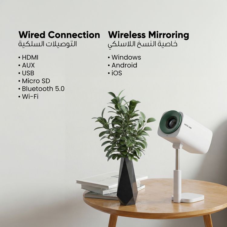 Green Lion Nova جهاز عرض محمول ذكي مزود بسماعة مدمجة بقوة 3 واط، وزاوية ميلان وموقف 180°، واتصال سلس، أندرويد 12، تصحيح الانحراف التلقائي، حلقة تركيز دوارة بسهولة، سطوع بقوة 100 لومن ANSI، جهاز تحكم عن بعد، إصدار Bluetooth 5.0، تصميم سهل الحمل، يصل إلى شاشة عرض بحجم 128 بوصة - أبيض