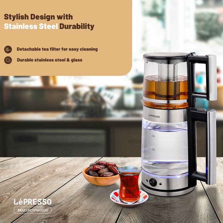 إبريق شاي زجاجي تركي ليبريسو ثيرموبرو مع سعة إبريق شاي 1.2 لتر وسعة غلاية 1.8 لتر، نظام تخمير متقدم، فلتر شاي قابل للفصل، حماية من الجفاف، وضع الحفاظ على السخونة، إيقاف تشغيل تلقائي - أسود