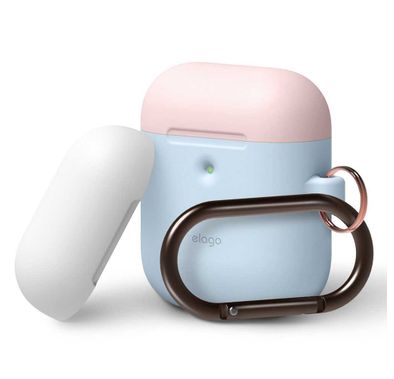 Elago Duo Hang Silicone Case with Apple AirPods Case 1 & 2 Generation, Drop Resistant, Dustproof and Absorbing Protective Cover with Hang Case Body-Pastel Blue / Top-Pink, White