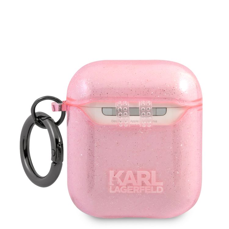 CG Mobile Karl Lagerfeld TPU Glitter Printed Embossed Choupette with Ring Case Compatible with AirPods 1 & 2, Scratch & Drop Protection Cover Officially Licensed - Pink