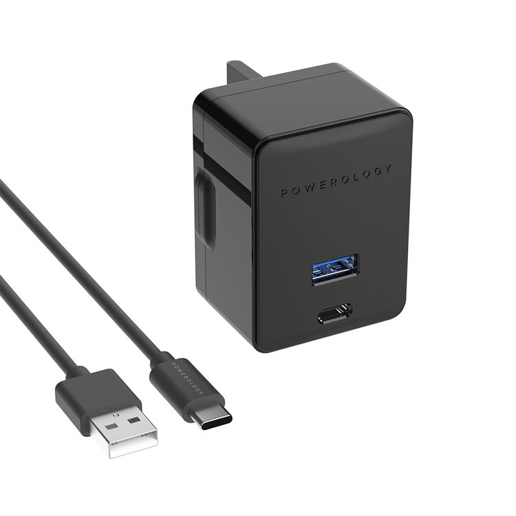 Powerology Ultra-Quick PD Charger with USB-A to USB-C Cable, Simultaneous Charging, 36W Total Output, UK 3-Pin Plug, 0%-60% Charge in 35 Minutes, Fast Charging Support, PowerDash 3.0 - Black