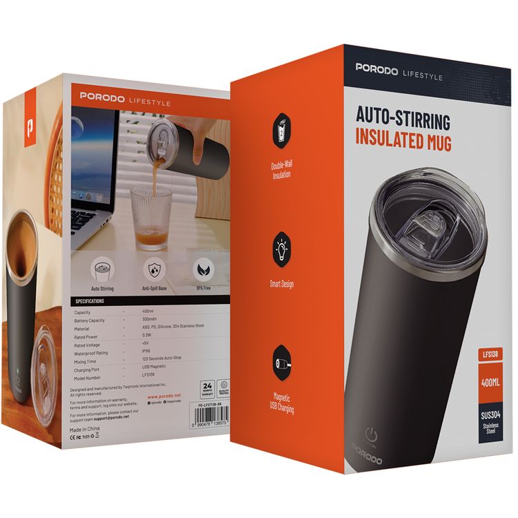Porodo Lifestyle Auto-Stirring Insulated Mug with 400mL Capacity, Anti-Slip Base, 300mAh Battery Capacity, 120-Seconds Mixing Time, Auto-Stop - Black