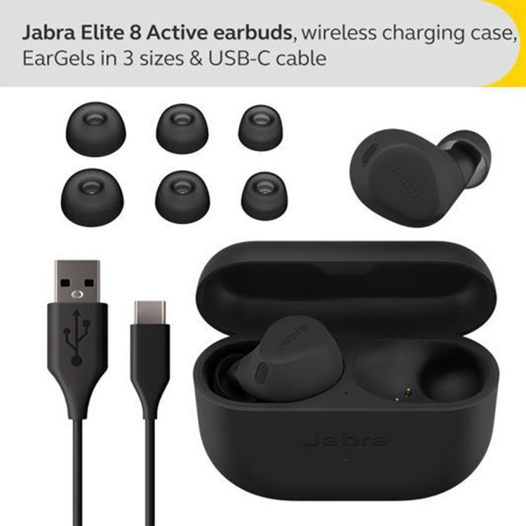 Jabra Elite 8 Active True Wireless Earbuds, Active Noise-Cancellation, Mono Mode, Up to 56 Hours Battery Life, Up to 10 m Operating Range, Up to 3 Hours Charging Time - Black