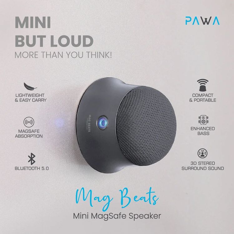 مكبر صوت PAWA Magbeats Mini MagSafe بمسافة بلوتوث 10 أمتار، ومكبر صوت 3 وات، وبطارية مدمجة 300 مللي أمبير في الساعة