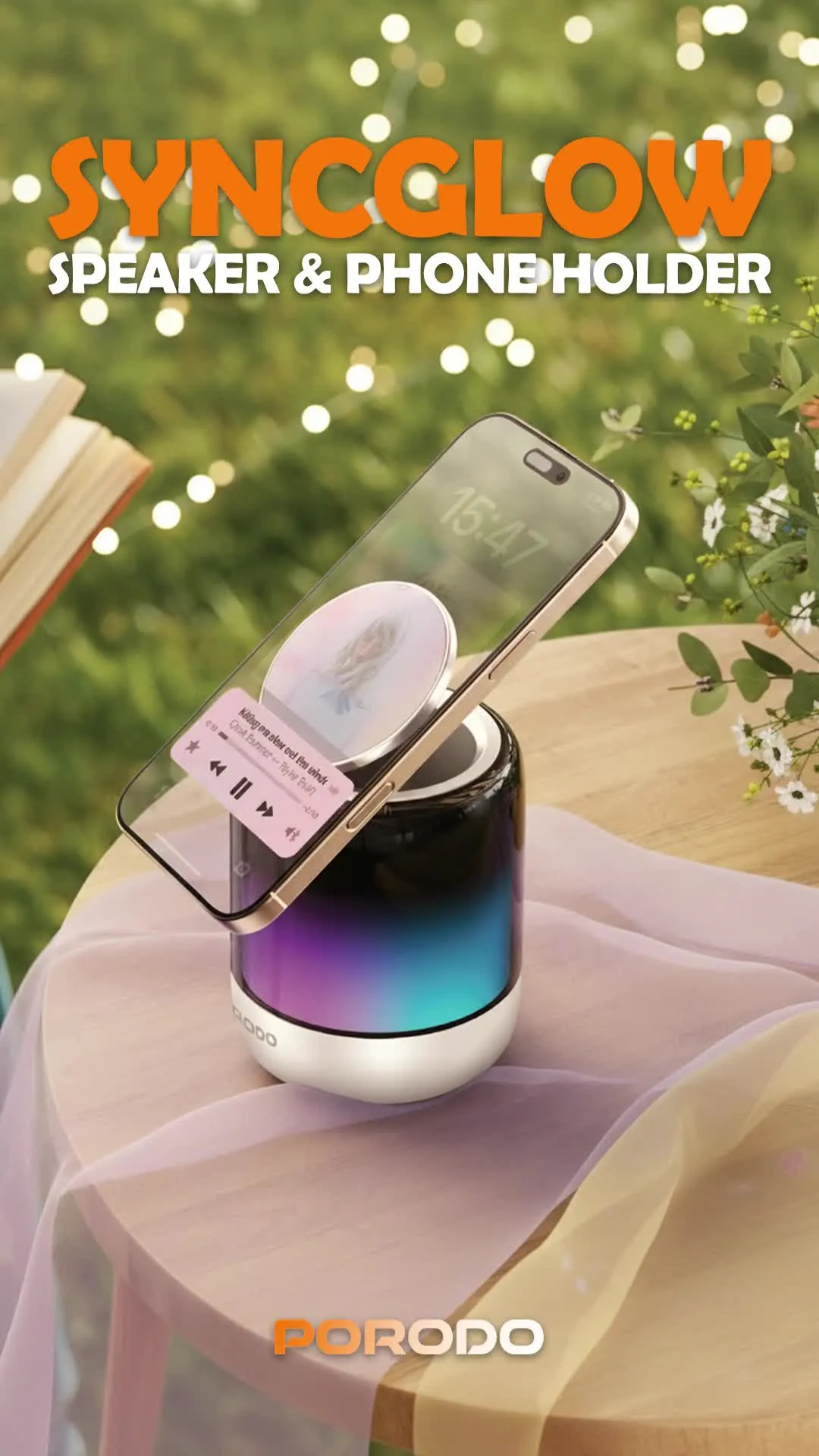 Porodo SyncGlow Speaker & Phone Holder with Rhythmic Lights, 500mAh Battery, Bluetooth Version 5.3, 150 Minutes Working Time, 360° Flexible Rotation, ABS & PC Material, Immersive Sound, 5W Rated Power