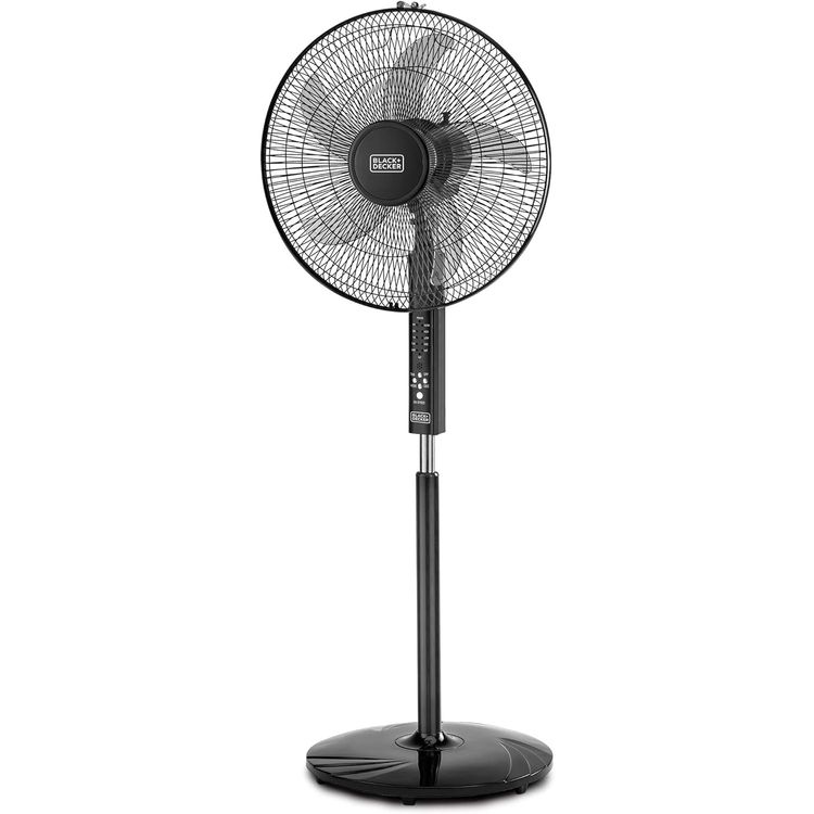 Black+Decker 60W 16 Inch Stand Fan with Remote Control, 3 Speed Modes (Low/Medium/High), 90° Wide Oscillation, Adjustable Height, 5AS Blade, Cooling and Air Circulation – Black