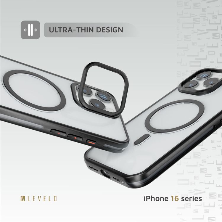 Levelo Elio PC Case with Camera Ring Stand for iPhone 16 Pro Max, Built-in Kickstand, MagSafe Compatible - Black 