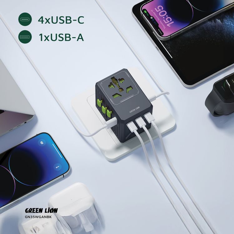 Green Lion GaN Adapter 6-in-1 & 2-in-2 Cable, PC Flame Retardant & Copper Material, PD 35W Fast Charging, Universal AC Sockets - Black