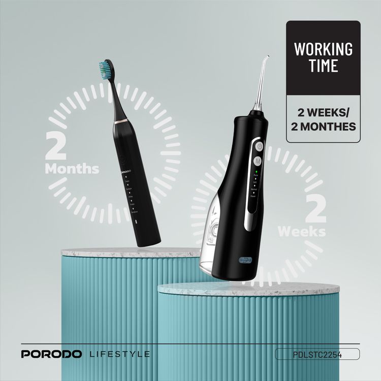 Porodo Ultimate Oral Care Duo Electric Toothbrush with Water Flosser Combo, 1200mAh Electric Toothbrush Battery Capacity, 2 Hours Electric Toothbrush Charging Time, 2 Months Electric Toothbrush Working Time, 300mL Water Flosser Water Tank Capacity, High-Pressure Water Flosser - Black