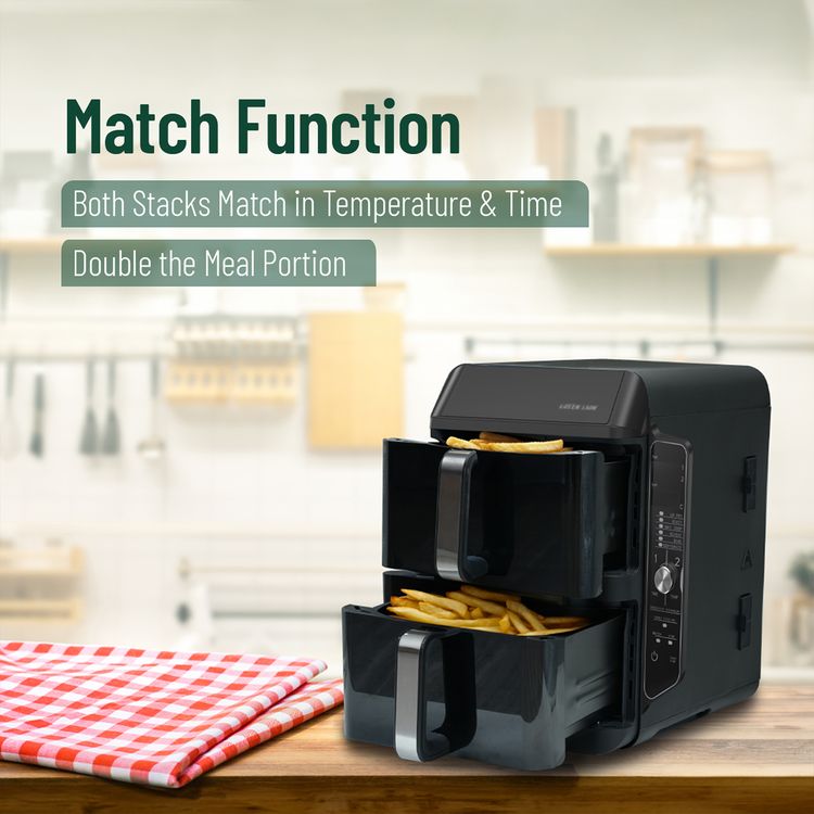 Green Lion Double-Decker Pro Digital Air Fryer with 2× 5.6L Capacity, 6 Preset Programs, 2400W Power, PP + Aluminum + ABS & PC Material, 0-60 Minutes Frying Time, Up to 230°C Temperature, BS Plug 90cm Power Cord, LED Touch Display - Black