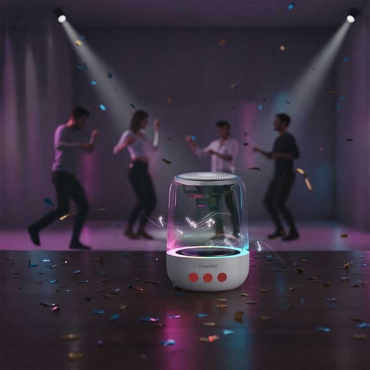 Porodo Crystal-Glow Mini Bluetooth Speaker with RGB Lights, Around 5 Hours Play Time, 1000mAh Battery, 10m Transmission Range, Bluetooth Version 5.4, USB-C Charging Port, Hands-Free Calls, TWS Pairing - White