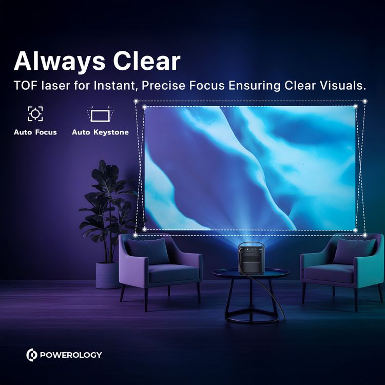 Powerology 4K GTV Projector, FHD Resolution, Wi-Fi, Android 9, 15000mAh Battery, 3D Content Supported, USB & HDMI & 3.5mm Audio Interface - Black