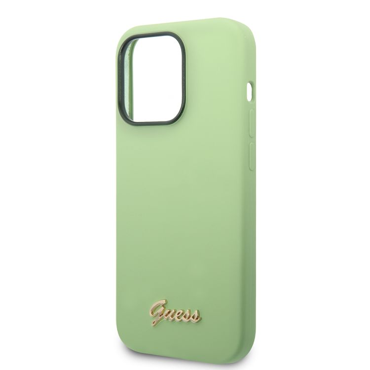 Guess Liquid Silicone Case With PC Camera Outline & Script Metal Logo - iPhone 14 Pro Max - Green