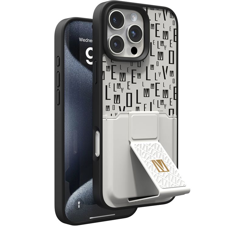 حافظة Levelo Morphix Gripstand مع حامل بطاقات لهاتف iPhone 16 Pro، حامل بطاقات مدمج، زوايا مقاومة للصدمات، ملمس نحيف بدون غطاء، حافة كاميرا مرتفعة، مادة فائقة المتانة - أبيض