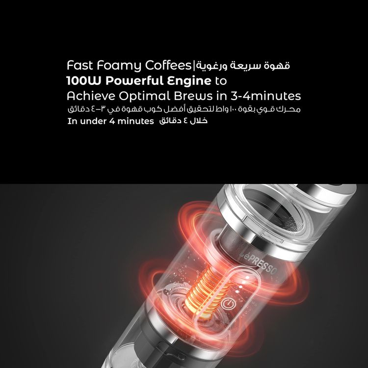 LePresso 4-in-1 Portable Coffee Machine with Milk Frother, 80mL Capacity, 20BAR Pressure, 2500mAh Battery Capacity, 100W Power, Compatible with Coffee Powder & Capsules, 3-4 Minutes Brewing Time - White