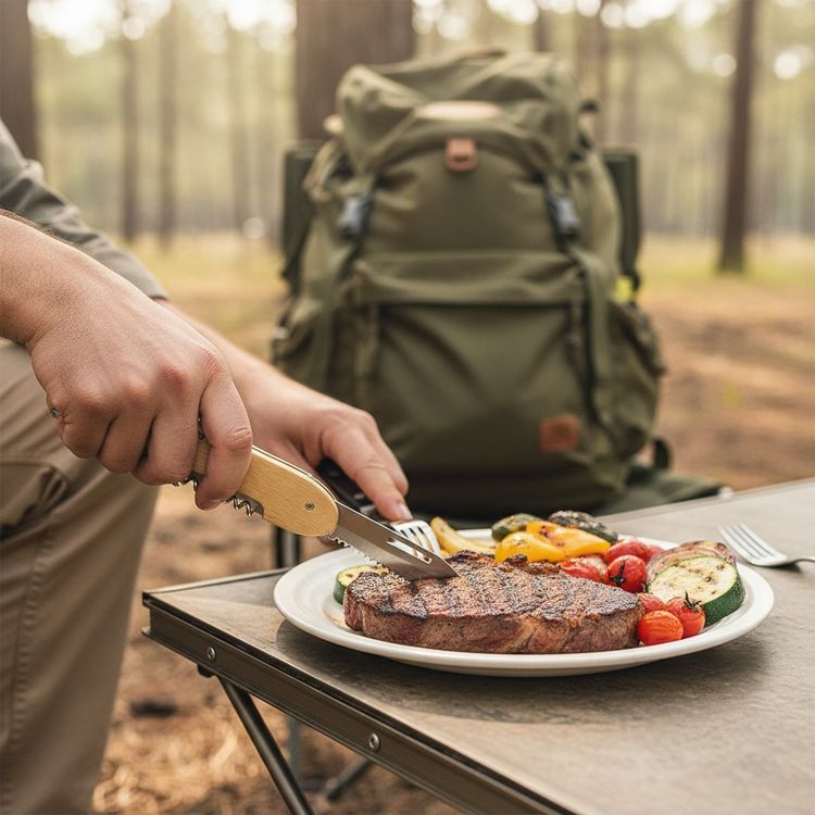 Green Lion Multifunction 5-in-1 BBQ Tool Set with Knife Precision Slice, BBQ Fork Effortless Grip, Corkscrew Seamless Twist, Bottle Opener Instant Pop, BBQ Spatula Flawless Flips, Foldable & Compact, Rust Resistant, Space-Saving Design, Easy to Clean, Camping Friendly, Ergonomic Grip - Wooden