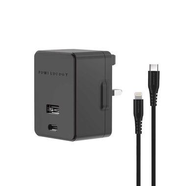 Powerology Ultra-Quick PD & QC Charger Dual Ports 32W Simultaneous Fast Charging Wall Charger with 1.2m/4ft USB-C to Lightning Cable (Black)