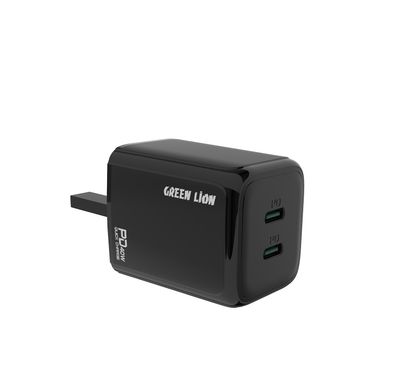 Green Lion Dual PD Wall Charger with 40W Power Up Safely, UK Power Plug, 2 Ports Type-C Output, Fast Charging, Ultra Portable, Charging Protection - Black